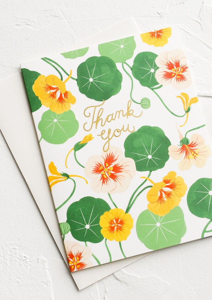 1: A nasturtium printed greeting card with text reading "Thank you".
