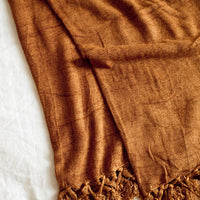 Nutmeg: A chenille throw with knotted tassel trim in nutmeg copper color.