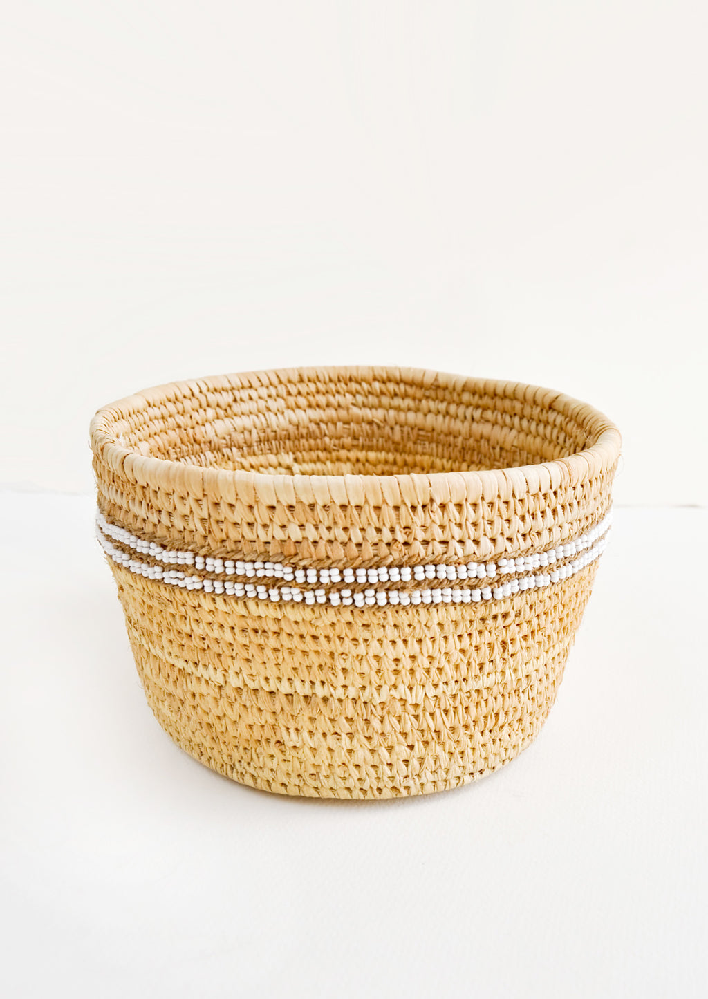 White: Nomadic Palm Beaded Basket in White - LEIF