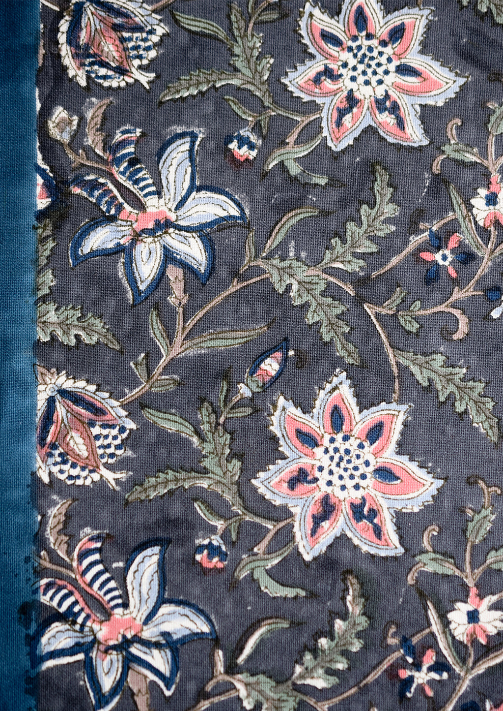 2: Navy blue floral print fabric.