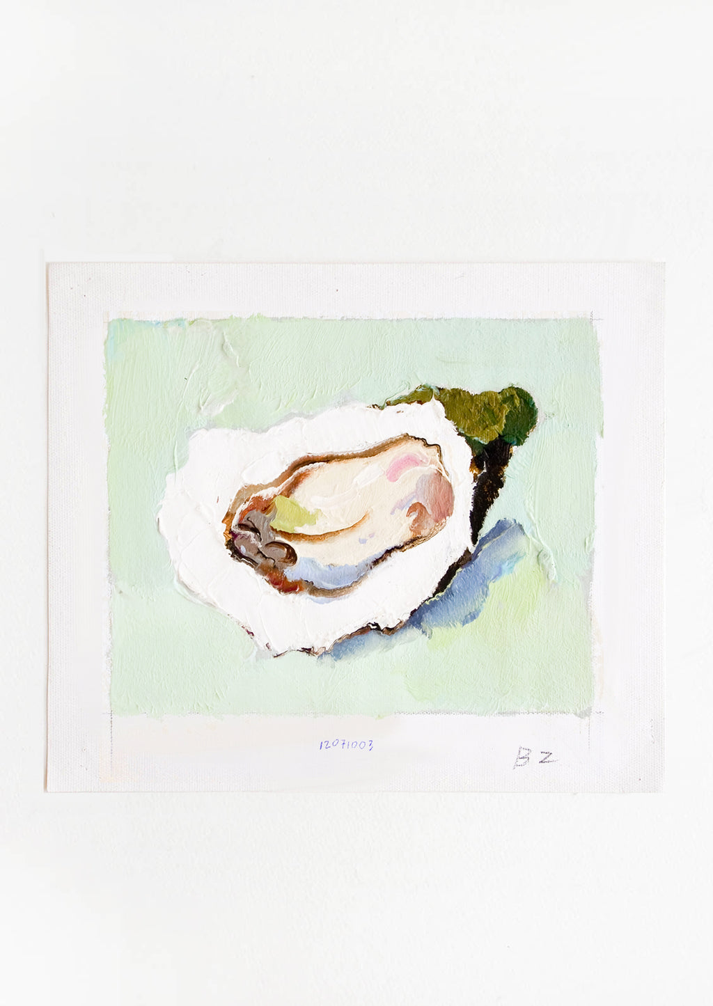 1: Original oil painting with still life image of a single oyster on a mint green background.