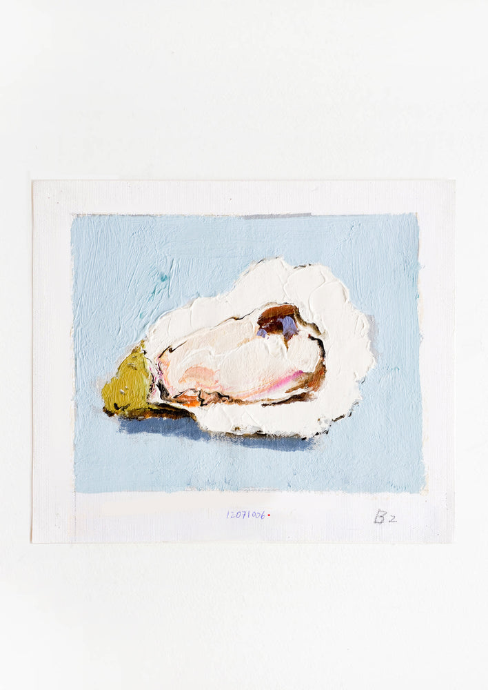 Original oil painting with still life image of a single oyster on a sky blue background.