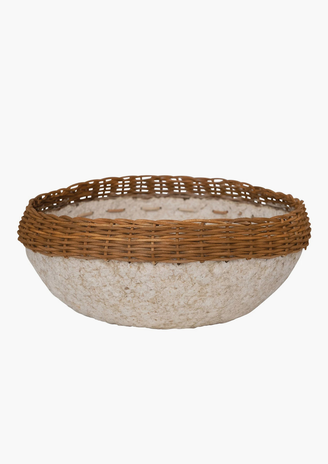 A natural paper mache bowl with brown wicker trim at top.