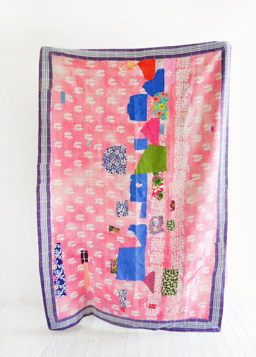 1: Vintage Patchwork Kantha Quilt in Pink Pattern with Blue Accents