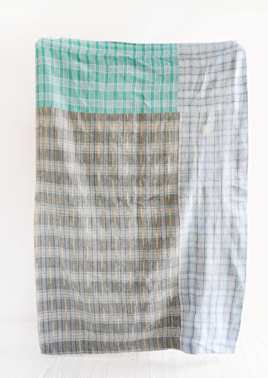 Vintage Patchwork Kantha Quilt in Grey, Aqua Blue Plaid - LEIF