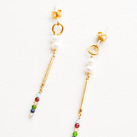 1: Dangling earrings featuring a small circle, two pearl beads, a gold post and six small multicolor gemstones on a yellow gold post back.