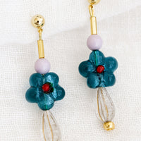 Teal Multi: A pair of multi beaded drop earrings with teal glass flower bead at center.