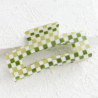 Grass Green: A rectangular acrylic hair clip in green check.