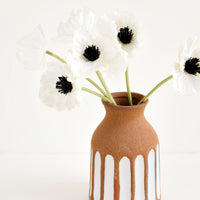 Terracotta: Brown Unglazed Ceramic Vase with Contrasting Vertical Stripe Detailing in White, displaying anemone flowers.