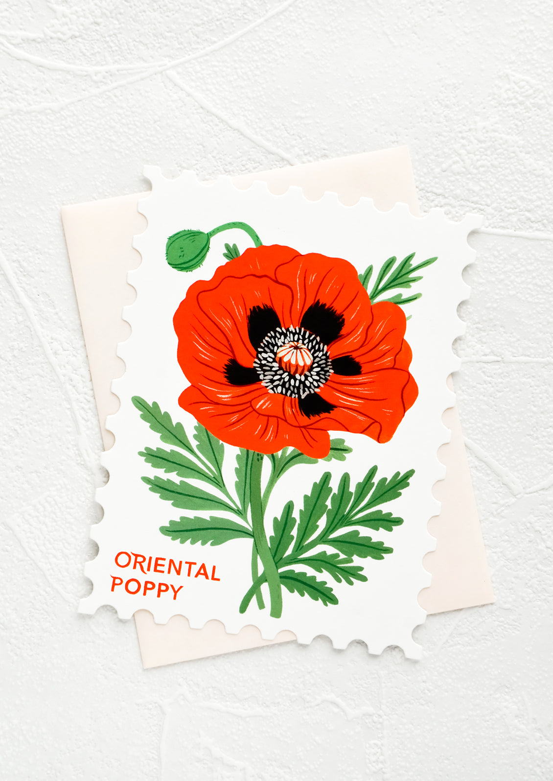 Diecut greeting card in the shape of a postage stamp, printed graphic of Oriental Poppy floral.