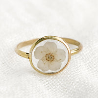 Size 6 / White: A gold round bezel ring showing white flower on clear background.