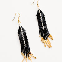 Black: Dangling beaded earrings with black beads accented with gold bead stripe and gold bead fringe.