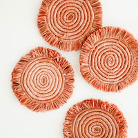 Terracotta Peach: Set of 4 Circular Raffia Coasters with Fringed Trim in Dark Peach 