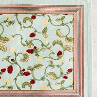 1: A light aqua placemat with bordered raspberry print.