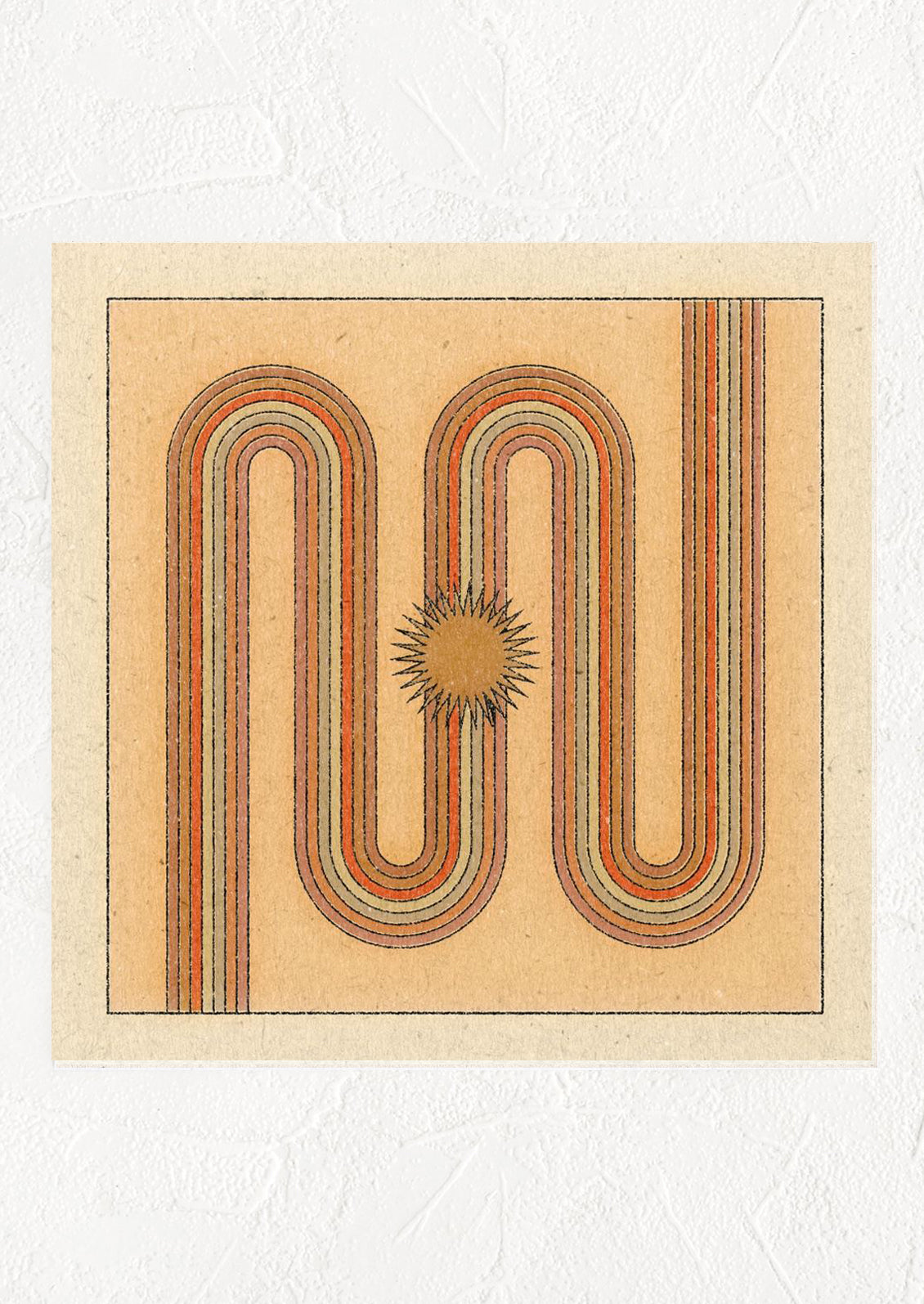 Square digital art print with multicolor rainbow and sun at center.