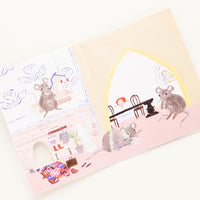 2: Inside of a greeting card with a full size illustration of mice having a party