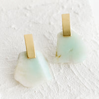 Amazonite: Pair of earrings with raw amazonite gemstone slice and rectangular brass posts.