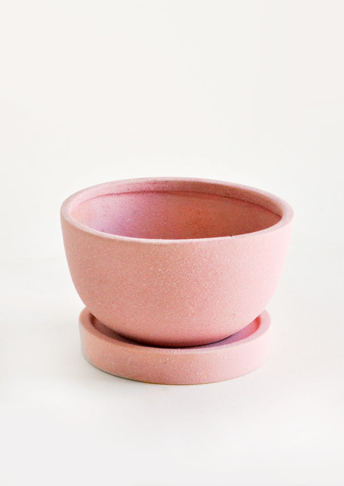 Unglazed Round Pink Ceramic Planter in Bowl Shape with Saucer