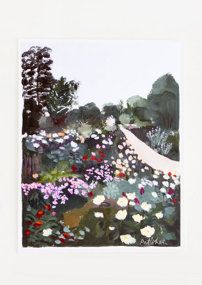 1: Art print featuring a dark yet colorful garden scene with pathway