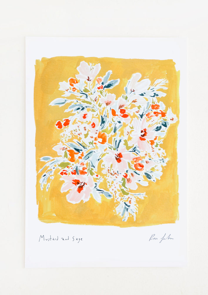 1: A floral watercolor and gouache art print with mustard yellow background.