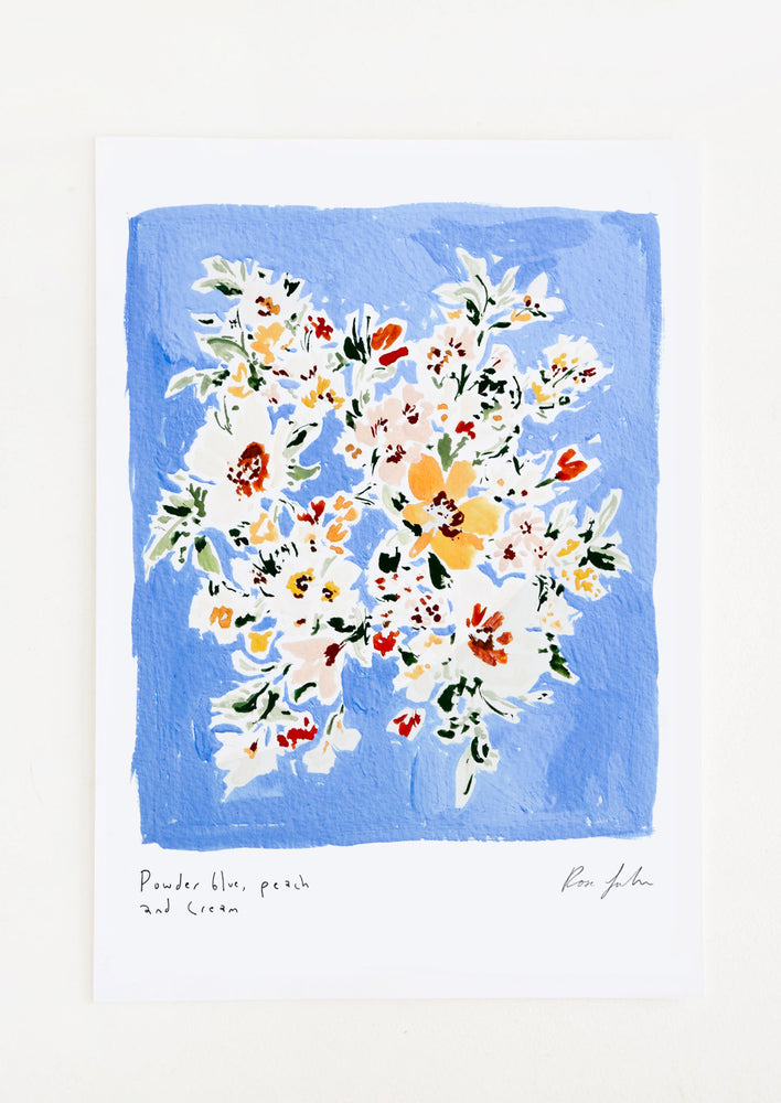 1: A floral watercolor and gouache art print with powder blue background.