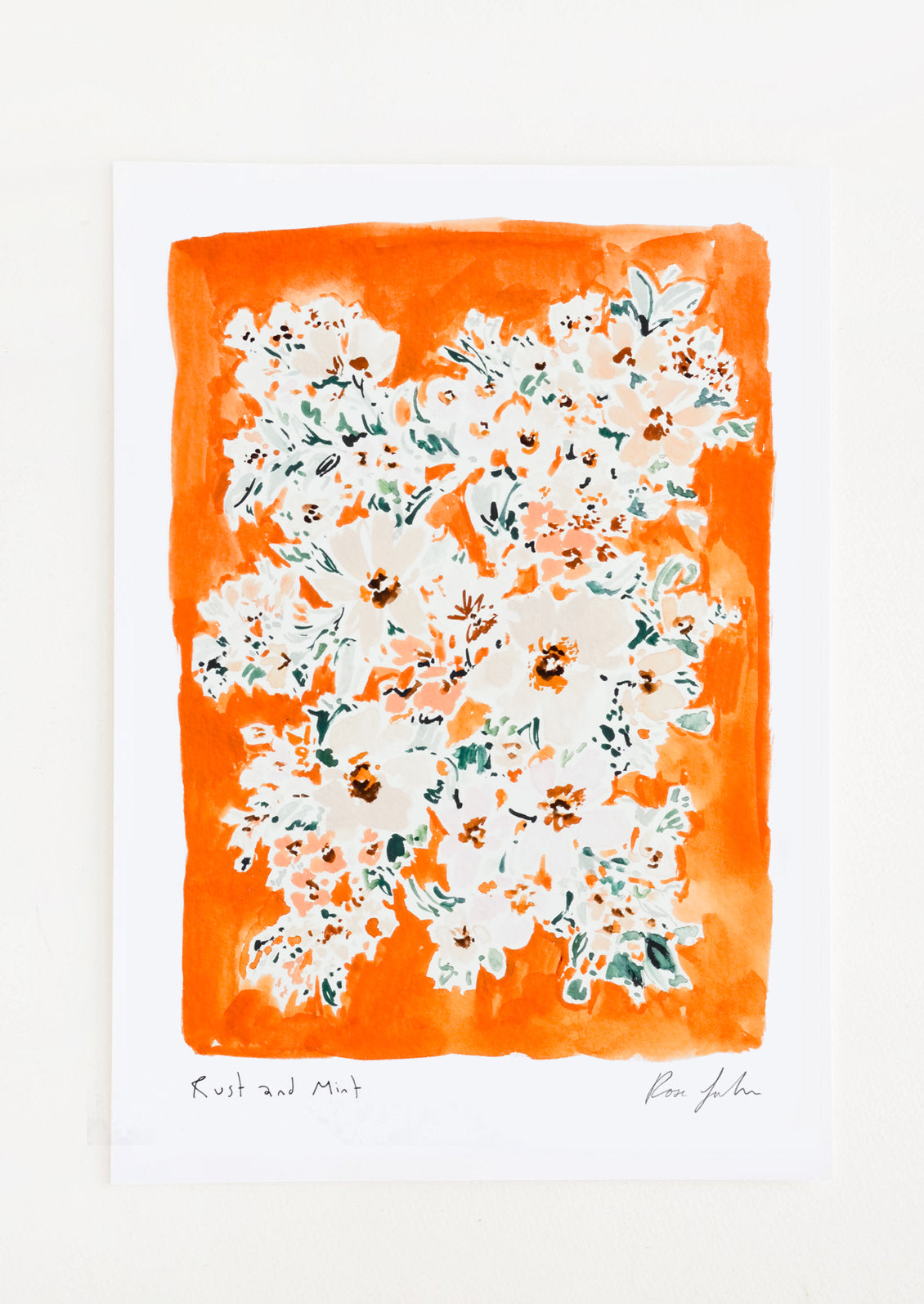 A floral watercolor and gouache art print with rust orange background.