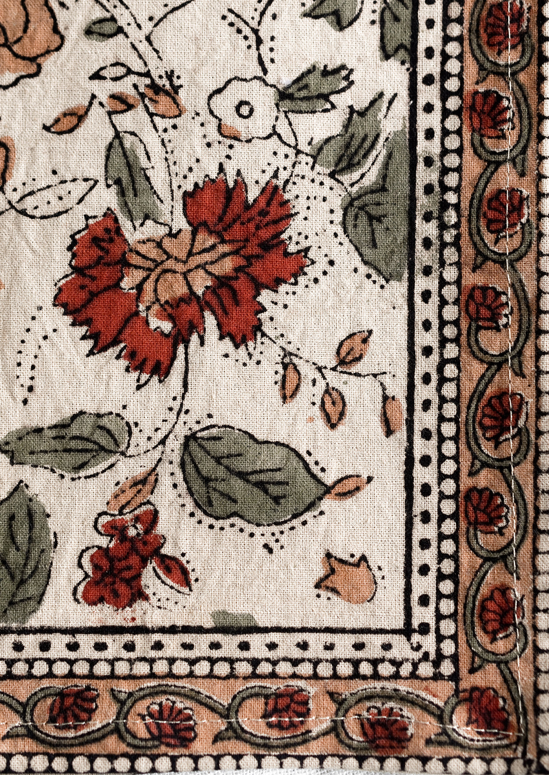 A pair of block printed napkins with burgundy floral print.