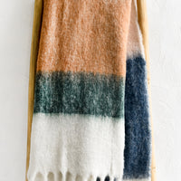 1: A plush blanket with multicolor colorblock pattern.
