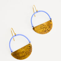 Cielo Multi: Earrings with blue arc shaped top and metal half moon shaped bottom with negative space in middle