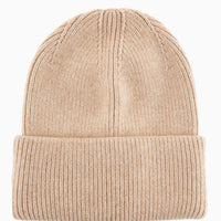 Oatmeal: A knit beanie with oversized cuff in oatmeal color.