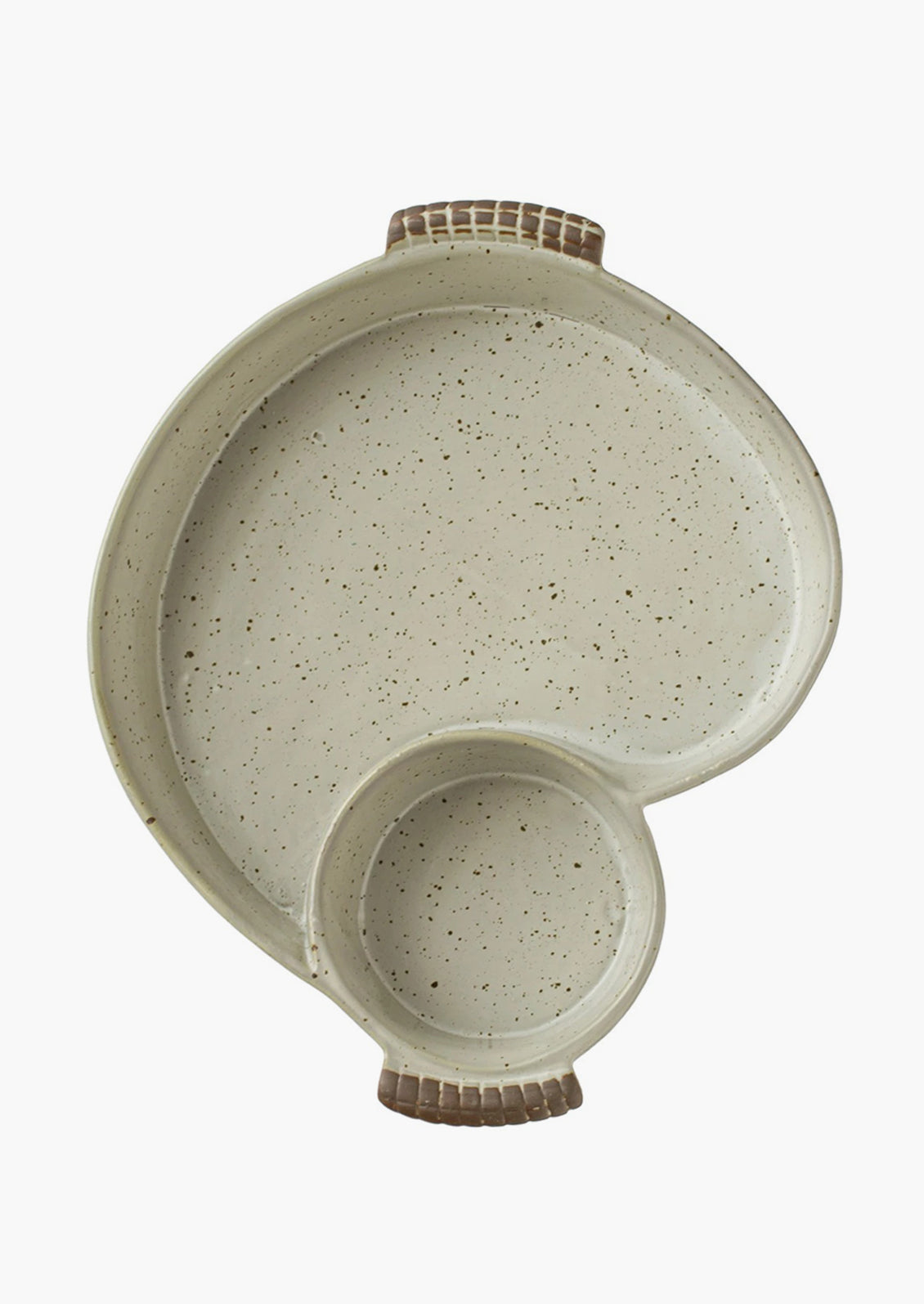An asymmetrical serving dish with divided sections for chips and dip.