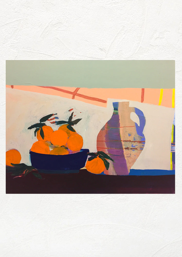 An art print of still life painting with pitcher and bowl of oranges.