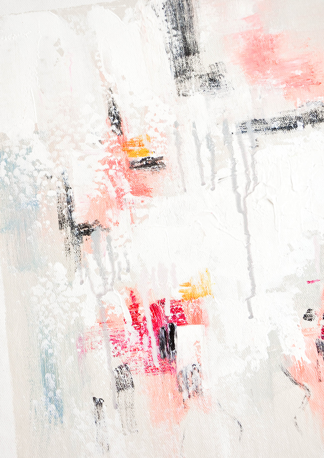 A close up of an abstract white, pink, and gray painting.