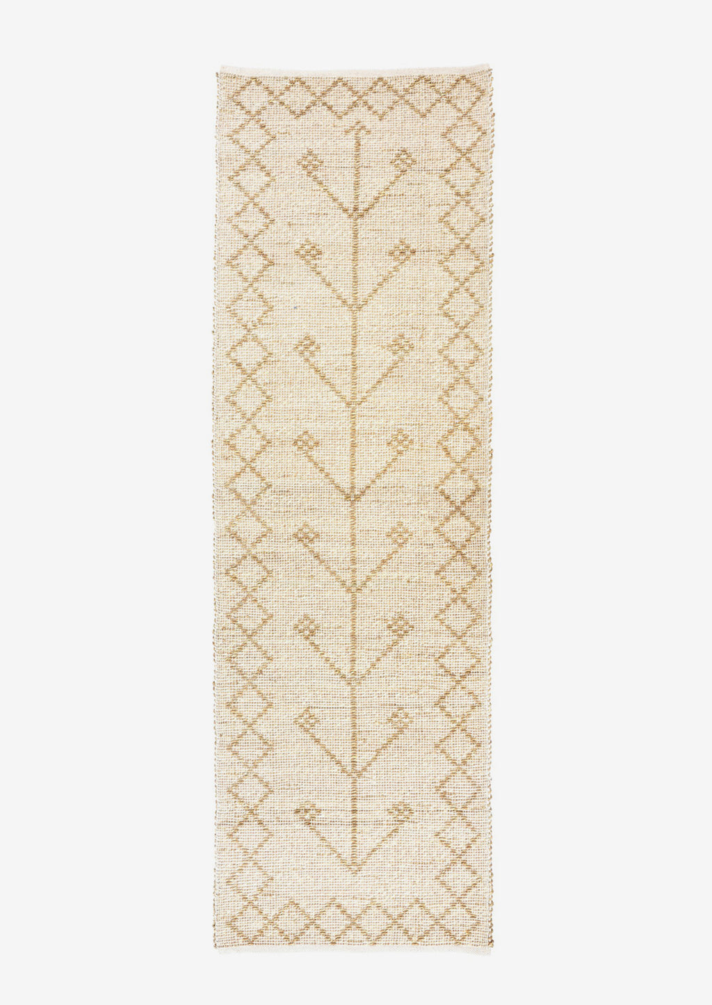 3: A seagrass runner rug in neutral color with talisman pattern and diamond border.