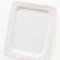 Hex Dot / Periwinkle: A rectangular ceramic tray with pale blue hexagon pattern.