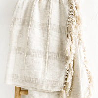 1: A natural cotton throw with paneling detailing and fringed trim.