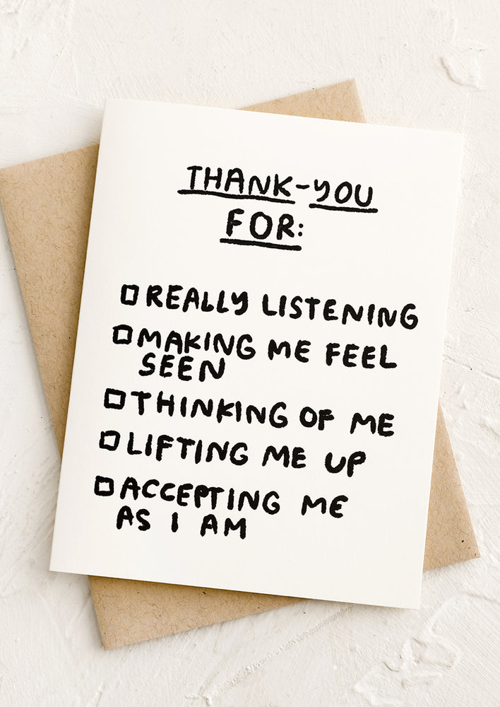 1: A greeting card with thank you checklist.