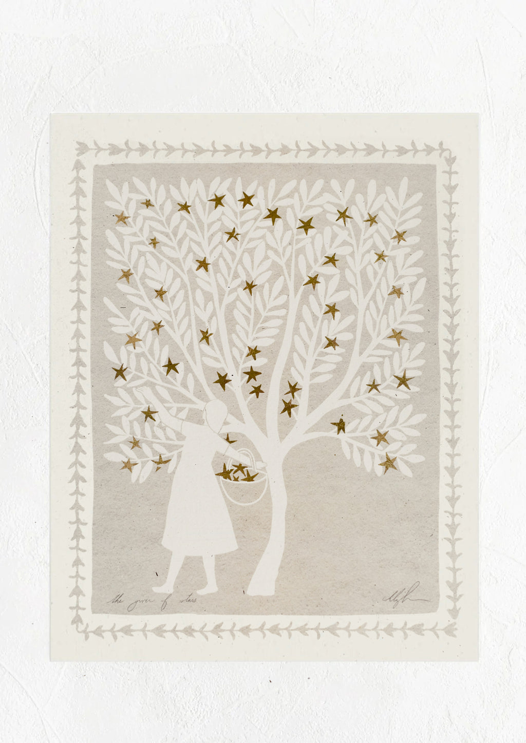 1: A print with outline of a woman collecting gold stars from a tree.