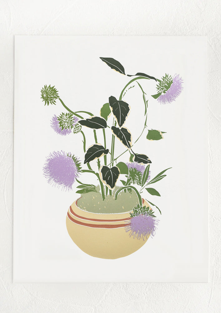 1: A letterpress printed art print of purple thistles in a vase.