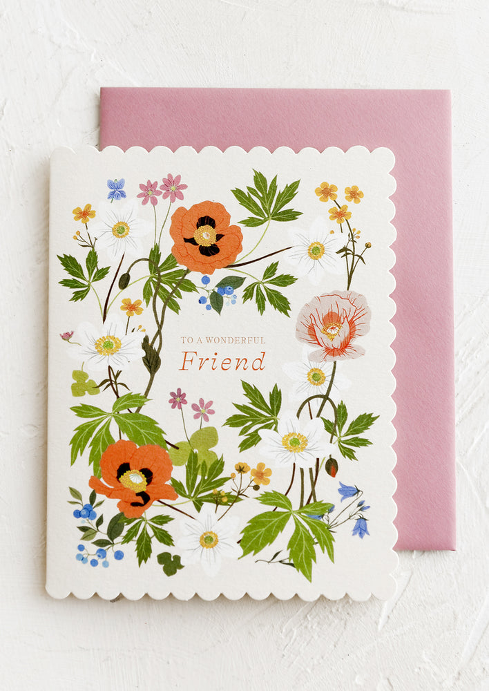1: A greeting card with floral print reading "To a wonderful friend".