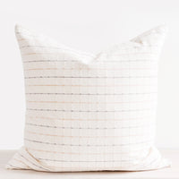 1: Square throw pillow in natural cotton with pastel blue and pink horizontal stripes throughout