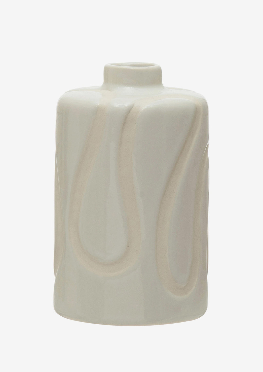 3: A glossy white ceramic vase with subtle cream squiggle design.
