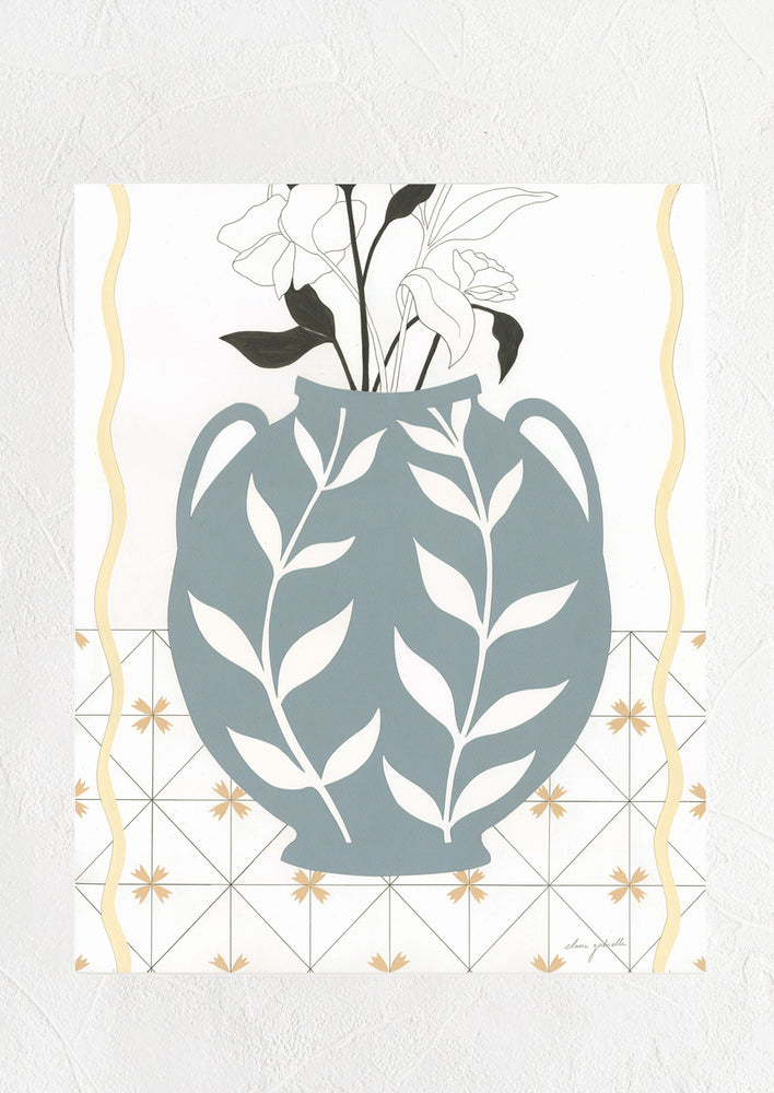 1: A digital art print of papercut collage depicting a blue leaf printed vase with flowers on floral tile.