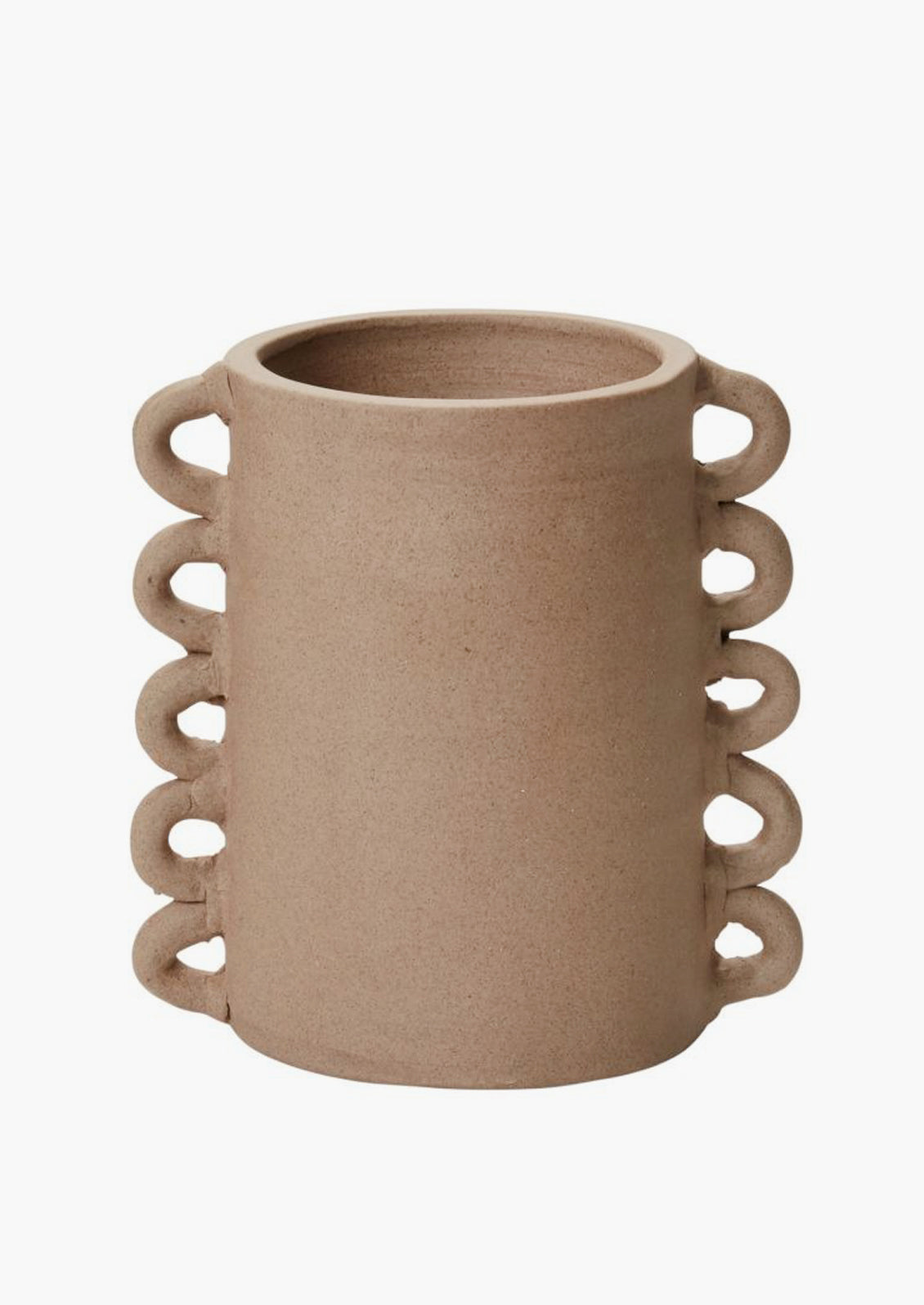 A raw sand clay vase with decorative loops all the way down both sizes.