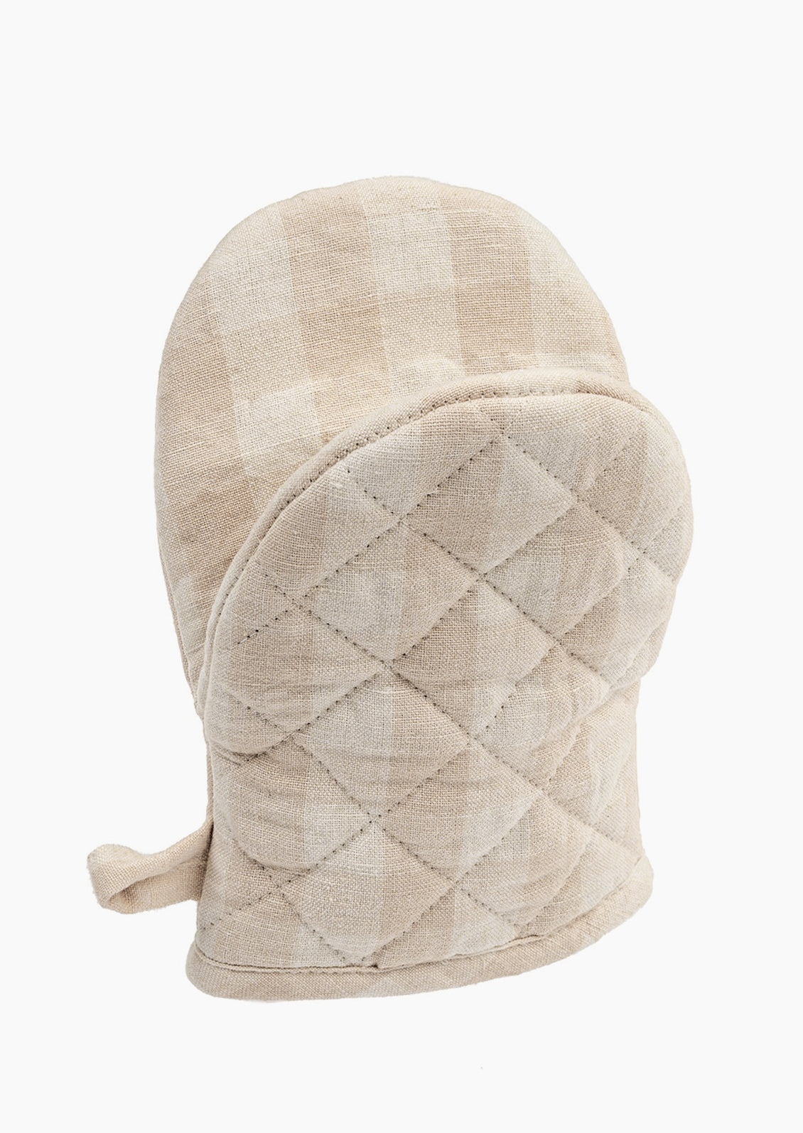 A gingham oven mitt in pale oat colorway.