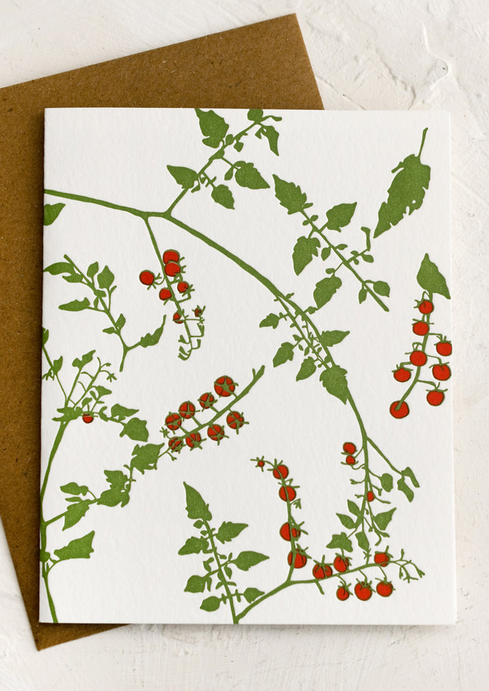 1: A letterpress greeting card with cherry tomatoes print.