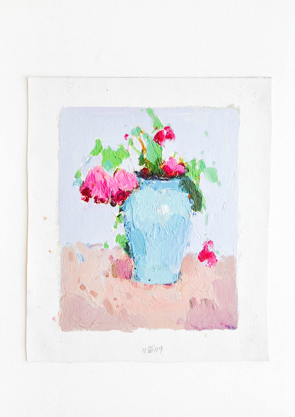 1: A painterly still life of pink flowers in a blue vase.