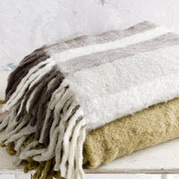 3: Two fuzzy throw blankets, stacked on a table.