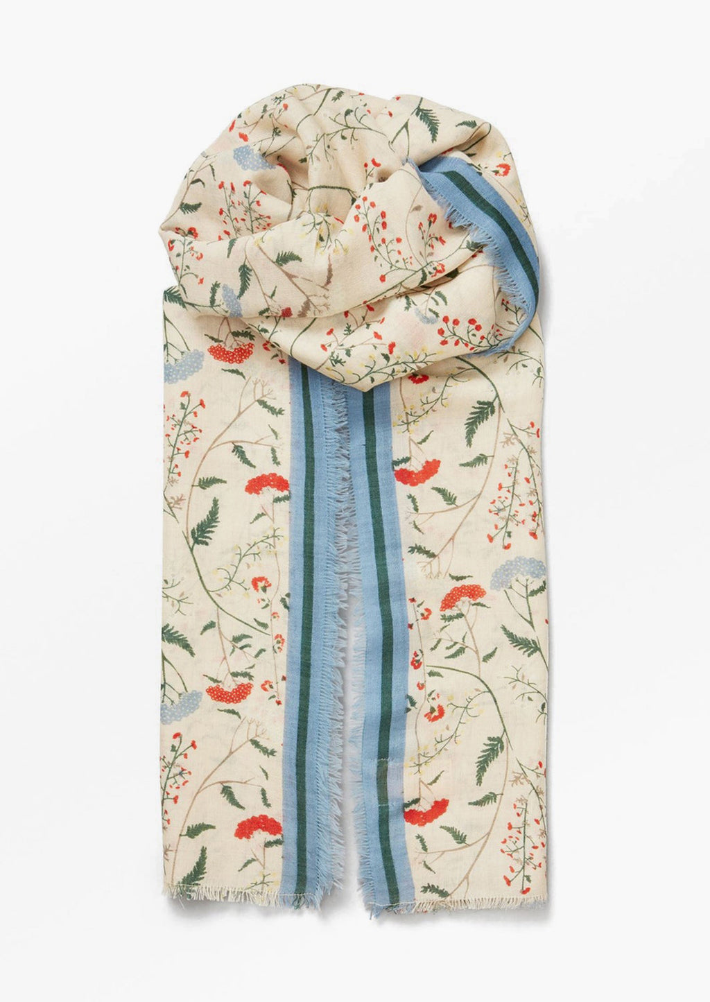 Ecru Multi: A ecru and light blue scarf in wildflower print.