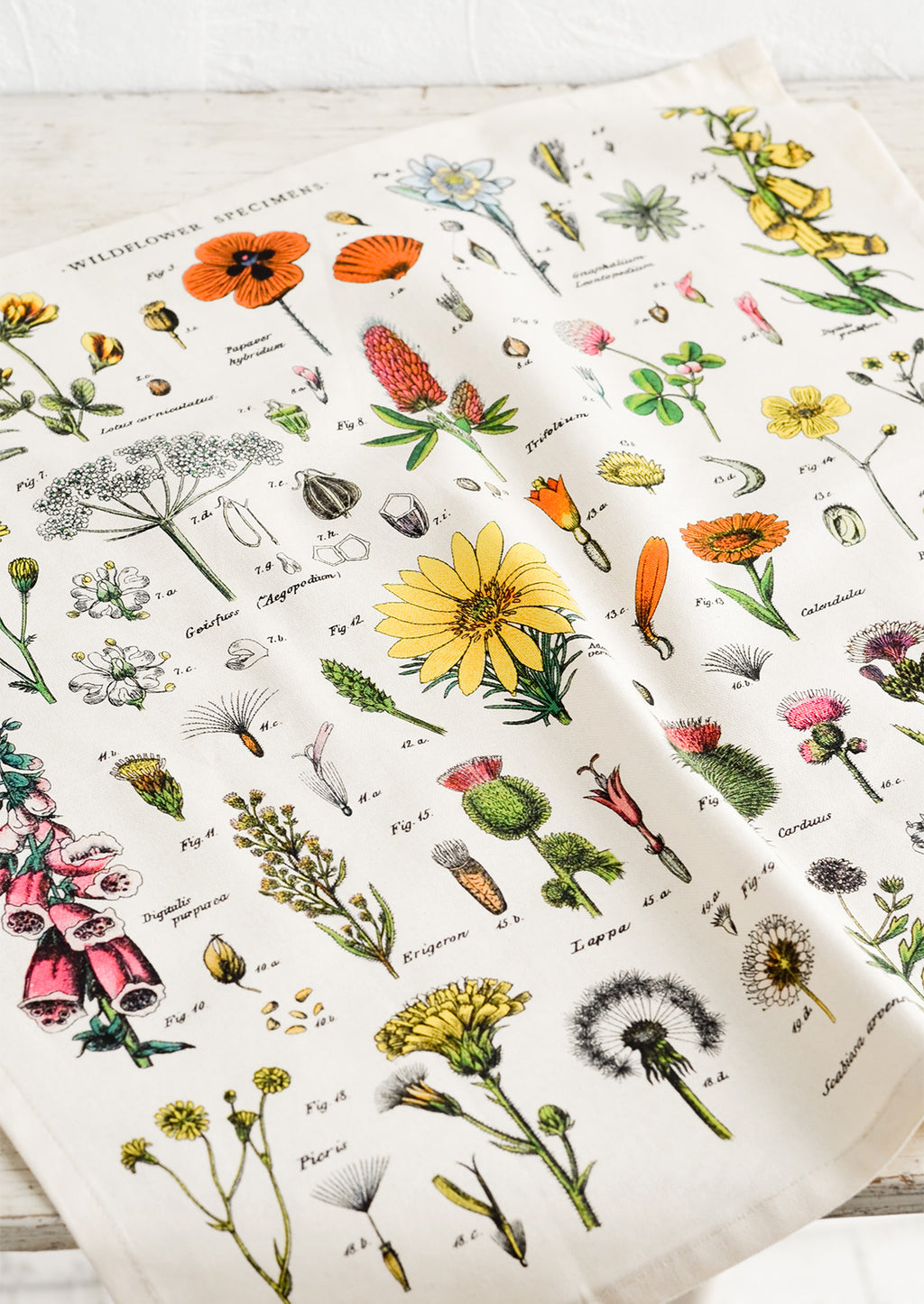 2: A square cotton dinner napkin with colorful botanical wildflowers print.